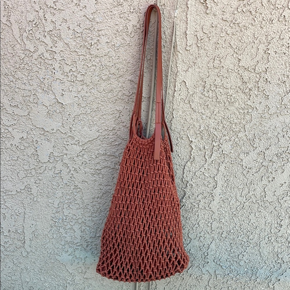 Zara Basic Collection Handcrafted Knit Shoulder Mesh Bag Rust Reusable